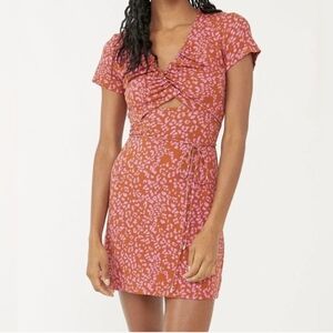 Free People Pink and Orange Leopard Mini Wrap Dress With Short Sleeves NWT